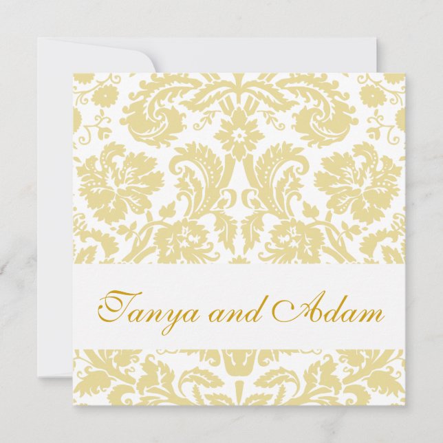 Gold, Cream Floral Damask Pattern Wedding Invite (Front)