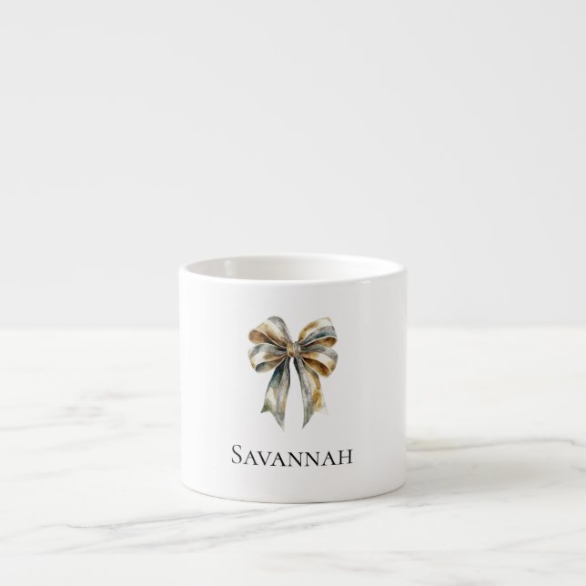 Gold Cream Green Bow Personalised Name Espresso Cup (Front)