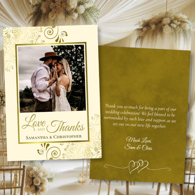 Gold & Cream Love & Thanks Posh Wedding Photo Note Thank You Card (Front/Back)