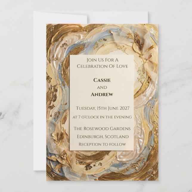 Gold Cream Marble Agate Ring Wedding Invitation (Front)