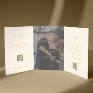 Gold cream photo wedding RSVP details QR code  Tri-Fold Invitation