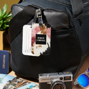 Gold Cream Pink Black Cowgirl Cowhide Luggage Tag