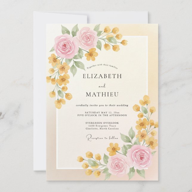 Gold Cream Ranunculus Eucalyptus Wedding Invitation (Front)