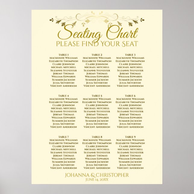 Gold & Cream Simple 9 Table Wedding Seating Chart (Front)