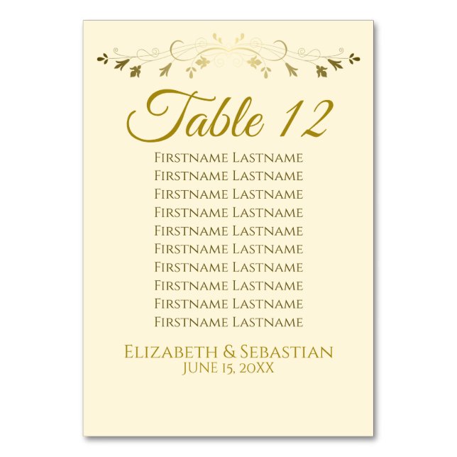 Gold & Cream Simple Elgant Wedding Seating Chart Table Number (Front)