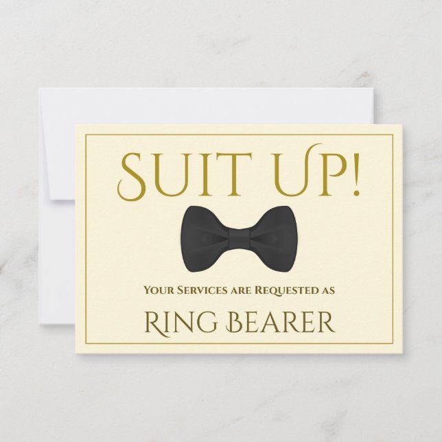 Gold & Cream Suit Up Be My Ring Bearer Card (Front)