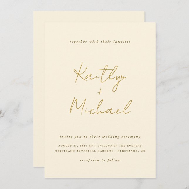 Gold & Cream Wedding Invitation Modern Handwriting (Front/Back)
