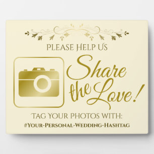 Gold & Cream Wedding Photo Share Hashtag Sign Plaque