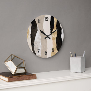 Gold Cream White Black Stripes Large Clock