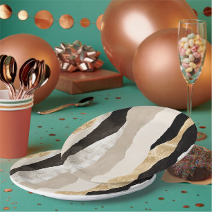 Gold Cream White Black Stripes Paper Plate