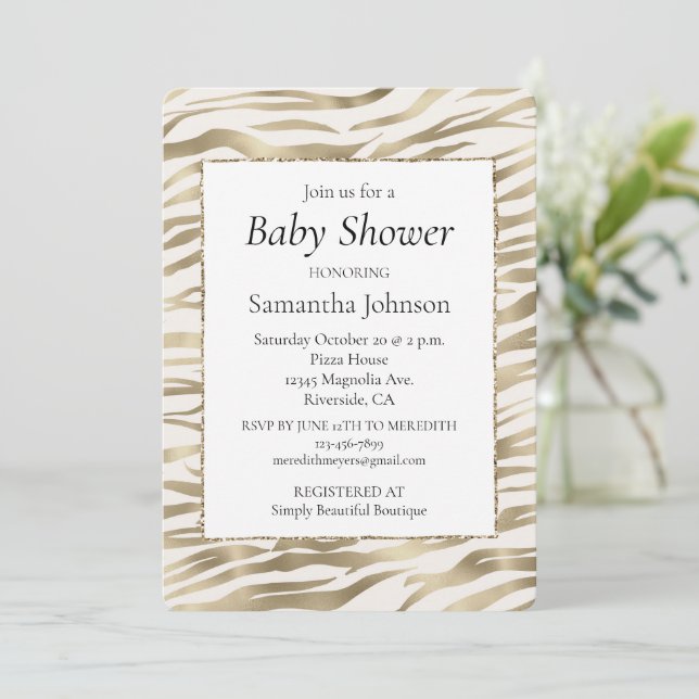 Gold Cream Zebra Print Invitation (Standing Front)