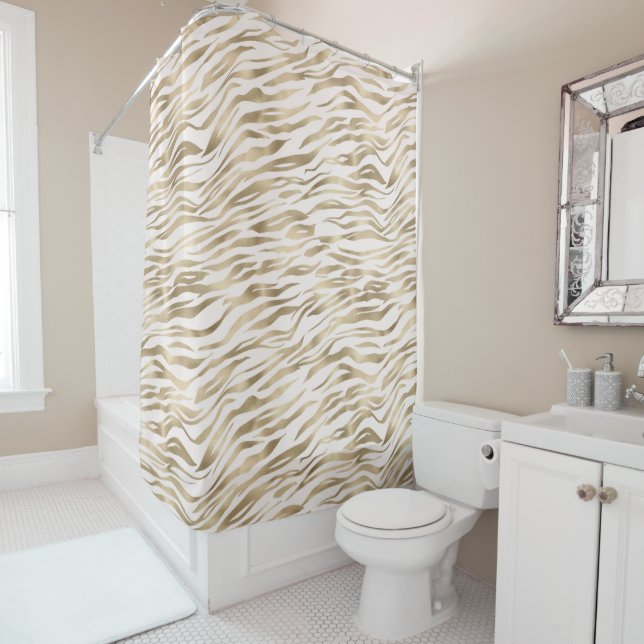 Gold Cream Zebra Print Shower Curtain (In Situ)