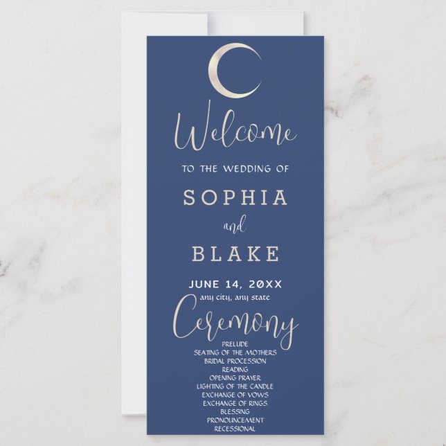 Gold Crescent Moon Celestial Blue Wedding Program (Front)