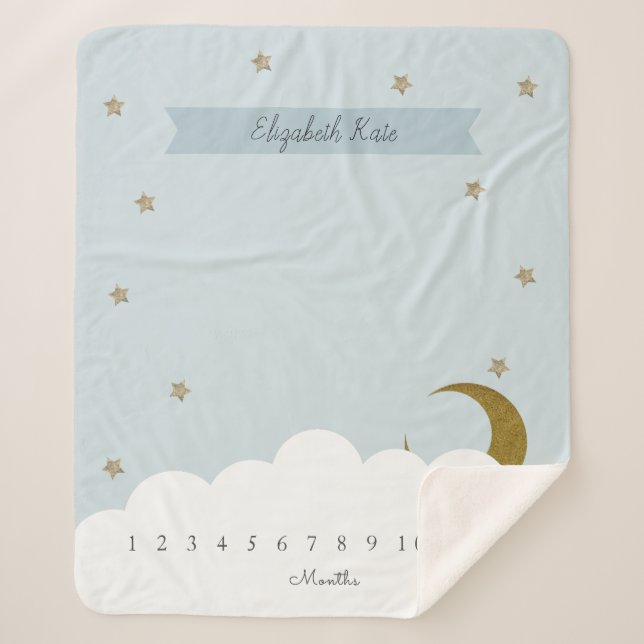 Gold Crescent Moon & Stars Grey Milestone Sherpa Blanket (Front)