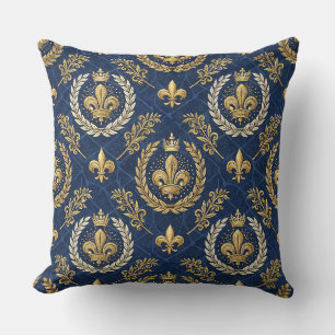 Gold Crest Blue Velvet Royal Damask Design Pattern Cushion