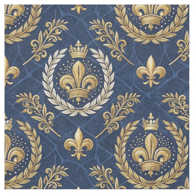 Gold Crest Blue Velvet Royal Damask Design Pattern Fabric (Close Up)