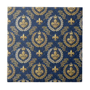 Gold Crest Blue Velvet Royal Damask Design Pattern Tile