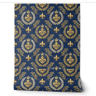 Gold Crest Blue Velvet Royal Damask Design Pattern Wallpaper