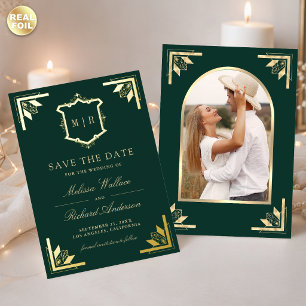 Gold Crest Emerald Green Wedding Save the Date