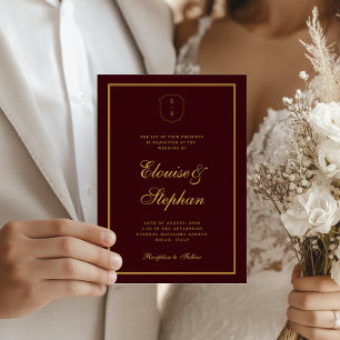Gold Crest Monogram Burgundy All in One Wedding Invitation