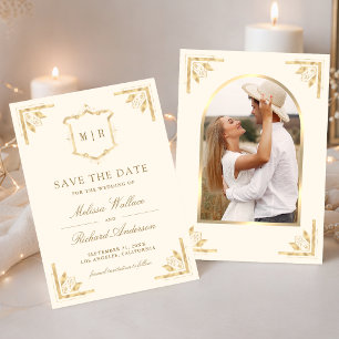 Gold Crest Monogram Photo Cream Wedding Save The Date