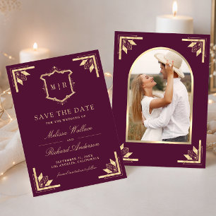 Gold Crest Monogram Photo Plum Purple Wedding Save The Date