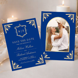 Gold Crest Monogram Photo Royal Blue Wedding Save The Date