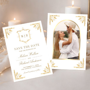 Gold Crest Monogram Photo White Wedding Save The Date