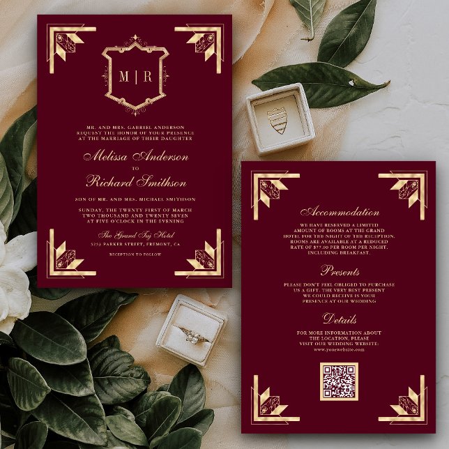 Gold Crest Monogram QR Code Burgundy Wedding Invitation (Creator Uploaded)