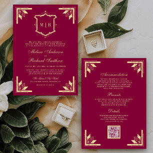 Gold Crest Monogram QR Code Magenta Wedding Invitation