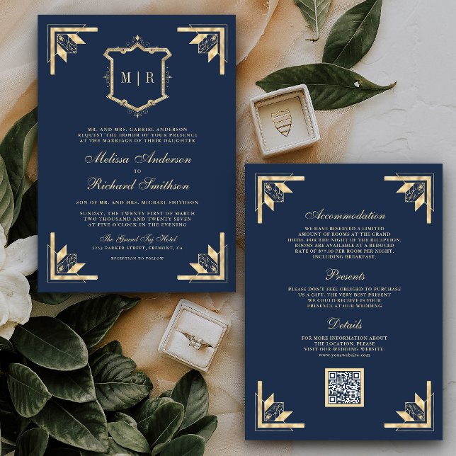 Gold Crest Monogram QR Code Navy Blue Wedding Invitation (Creator Uploaded)
