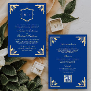 Gold Crest Monogram QR Code Royal Blue Wedding Invitation