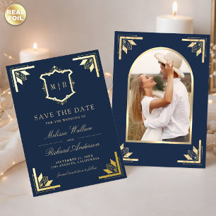 Gold Crest Navy Blue Wedding Save the Date
