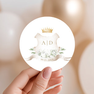 Gold Crest Royal Crown Wedding Monogram Classic Round Sticker