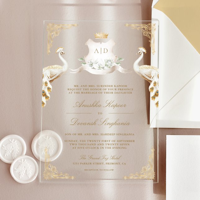 Gold Crest Royal Indian White Peacock Wedding Acrylic Invitations (Creator Uploaded)