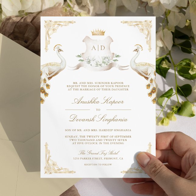 Gold Crest Royal Indian White Peacock Wedding Invitation (Creator Uploaded)