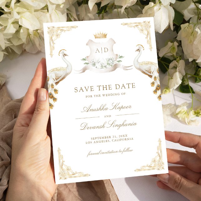 Gold Crest Royal Indian White Peacock Wedding Save The Date (Creator Uploaded)