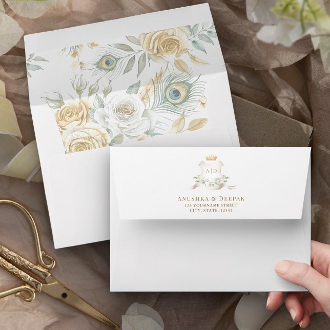 Gold Crest Royal Peacock Feathers Floral Wedding Envelope (Creator Uploaded)