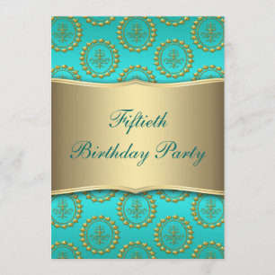 Gold Crest Teal Womans 50th Birthday Party Invitation