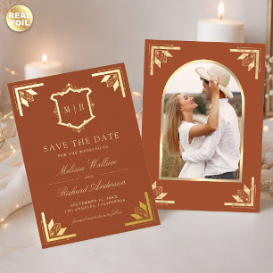 Gold Crest Terracotta Wedding Save the Date