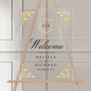 Gold Crest Wedding Welcome Acrylic Sign