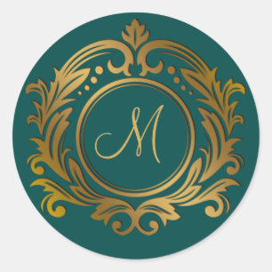 Gold Crest with Monogram Initial on Green Classic Round Sticker