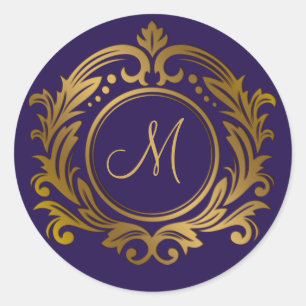 Gold Crest with Monogram Initial on Purple Classic Round Sticker