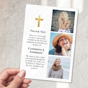 Gold Cross 3 Photo Sympathy Funeral Thank You Card