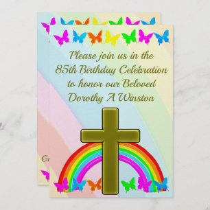 GOLD CROSS AND BUTTERFLY 85TH BIRTHDAY INVITATION