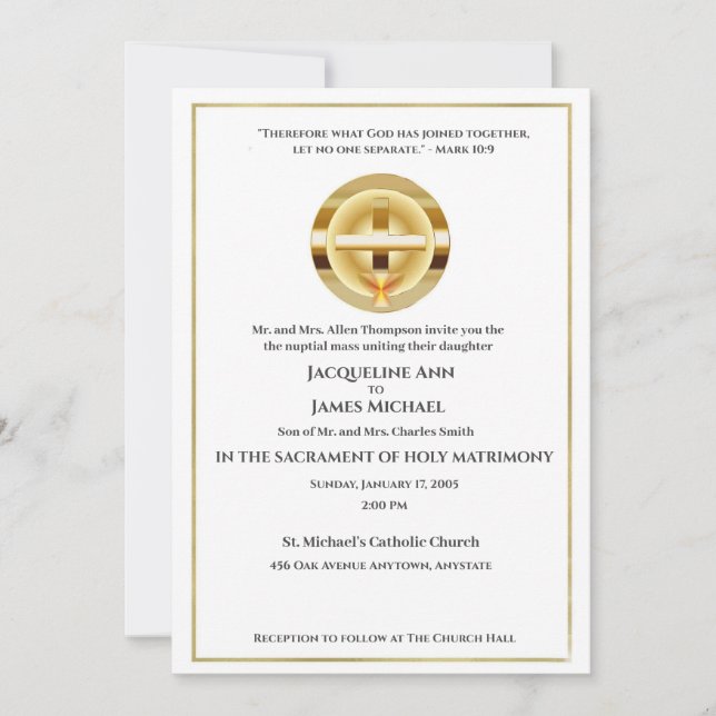 Gold Cross And Chalice Catholic Wedding Invitation (Front)