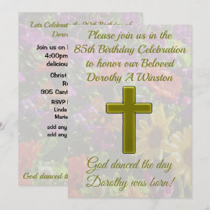 GOLD CROSS AND FLORAL 85TH BIRTHDAY INVITATION