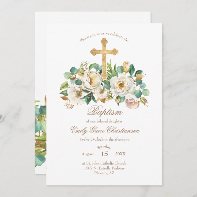 Gold Cross and Flowers Baptism Invitation (Front/Back)
