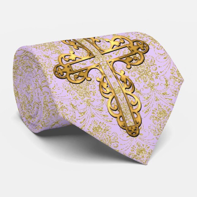 Gold Cross and Gold Damask on Lilac Background Tie (Rolled)