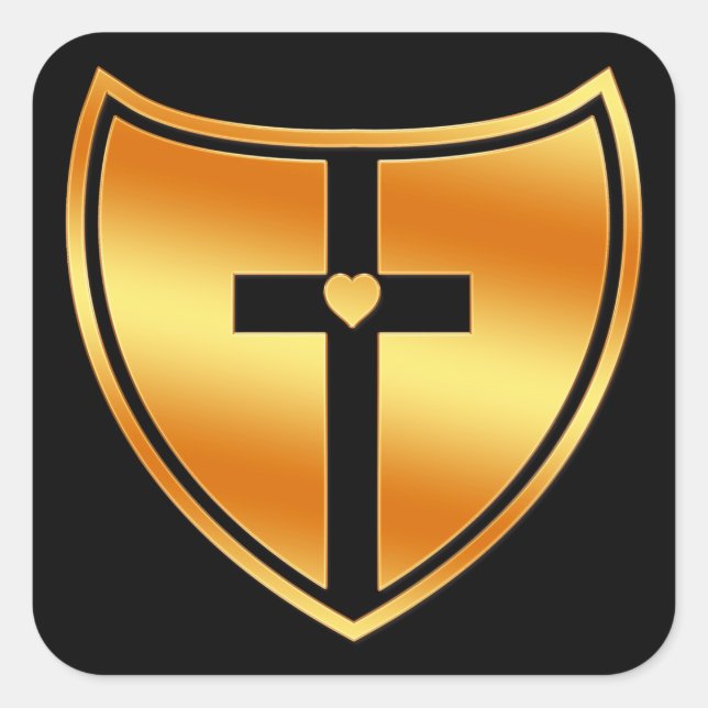 Gold Cross and Heart Shield Square Sticker (Front)